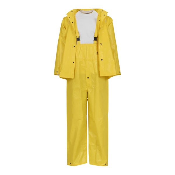 A yellow Tingley DuraScrim rain suit with a hood.