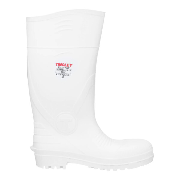 A white Tingley knee boot with a red label.