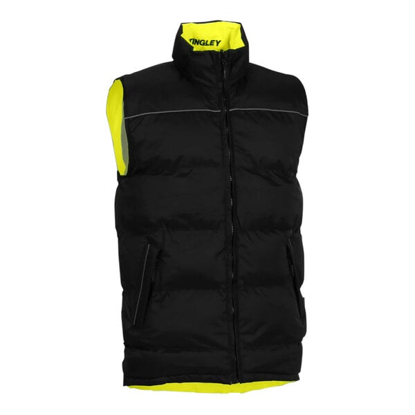 A Tingley Workreation hi-vis lime and black reversible insulated vest with reflective lining.