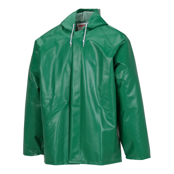 A green Tingley SafetyFlex rain jacket with a white hood string.