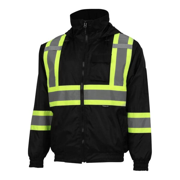 A black Tingley Bomber II jacket with yellow reflective stripes.
