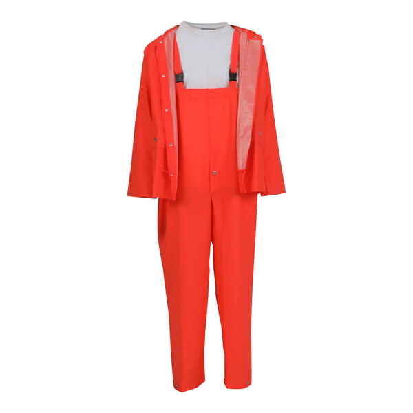 An orange Tingley rainsuit with a jacket and overalls.