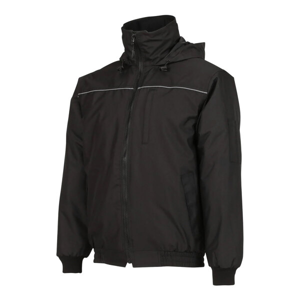 A black Tingley insulated jacket with a hood and zipper.