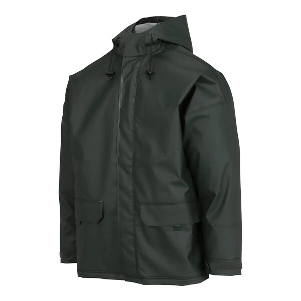 A green Tingley Weather-Tuff rain jacket with a hood and pockets.