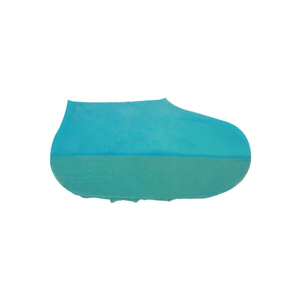 A blue rubber Tingley shoe cover with a green sole.