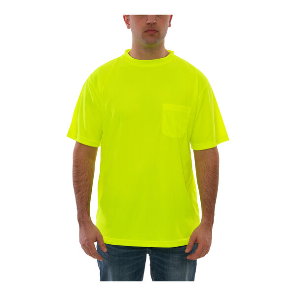 A man wearing a Tingley lime yellow short sleeve safety shirt.