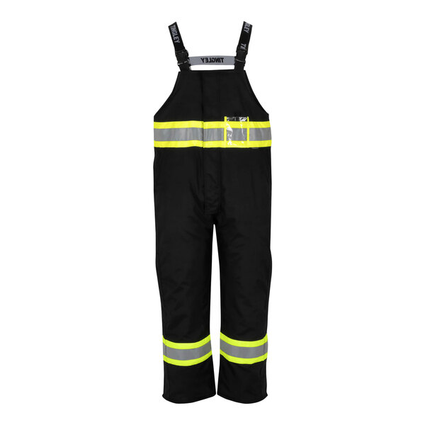A pair of black Tingley overalls with reflective tape on the front.