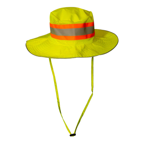 A yellow hat with orange stripes.