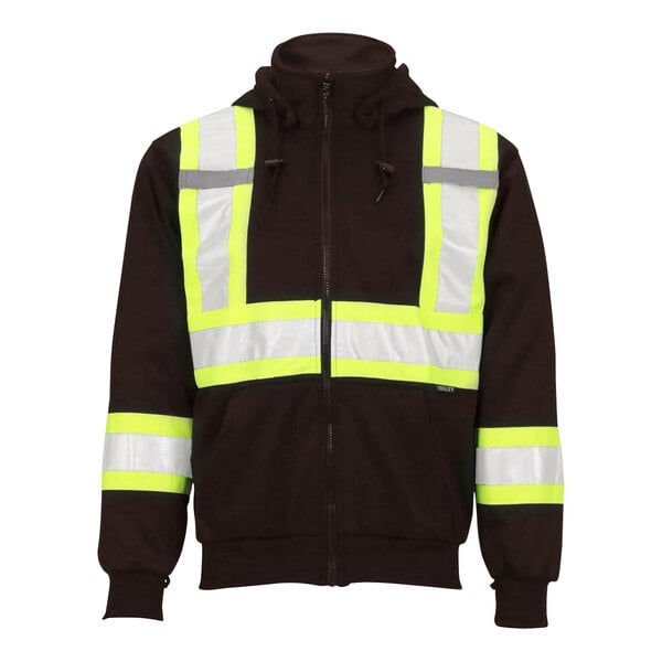 A black jacket with yellow reflective strips.