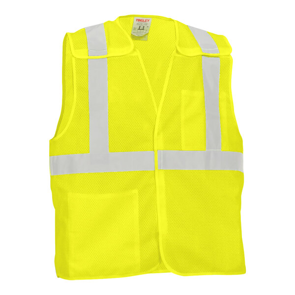 A yellow mesh safety vest with reflective stripes.