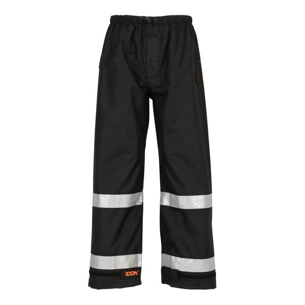 A pair of black Tingley work pants with reflective stripes.