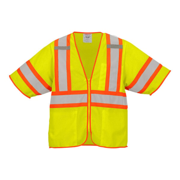 A yellow safety vest with orange and white reflective stripes.