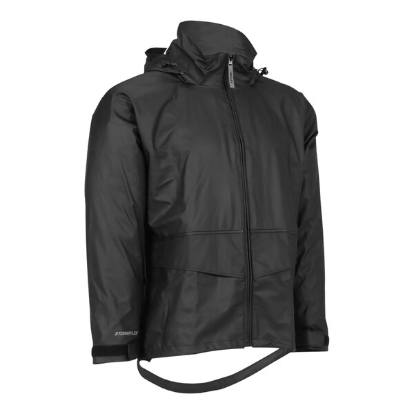 A black Tingley StormFlex rain jacket with a hood and zipper.