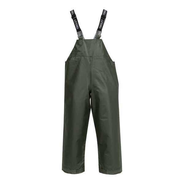 A pair of green Tingley rain overalls with suspenders.