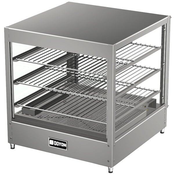 A Doyon stainless steel countertop hot food merchandiser with shelves.