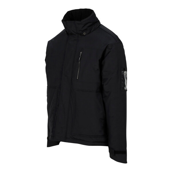 A black Tingley insulated work jacket with a zipper and detachable hood.