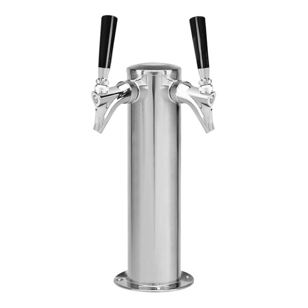 A polished stainless steel Micro Matic tap tower with two taps and black handles.