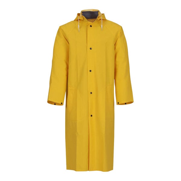 A yellow Tingley rain coat with black buttons, hood, and cuffs.