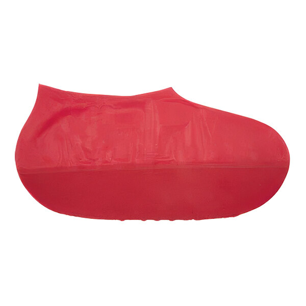 A red rubber Tingley shoe cover with a plastic sole.