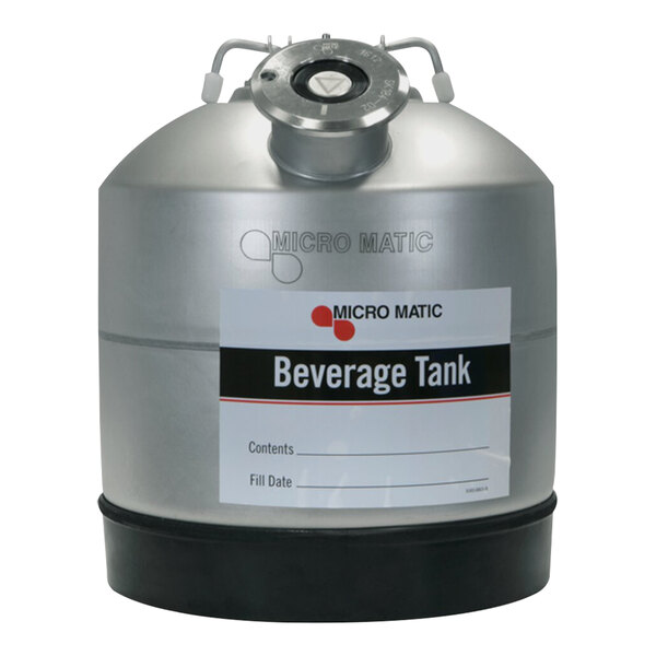 A Micro Matic stainless steel beverage tank with a lid.