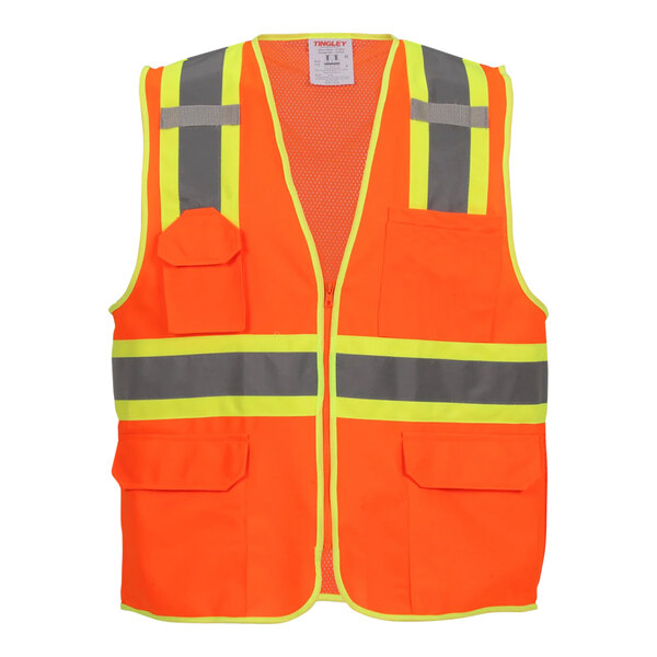 A Tingley orange safety vest with yellow and grey reflective stripes.