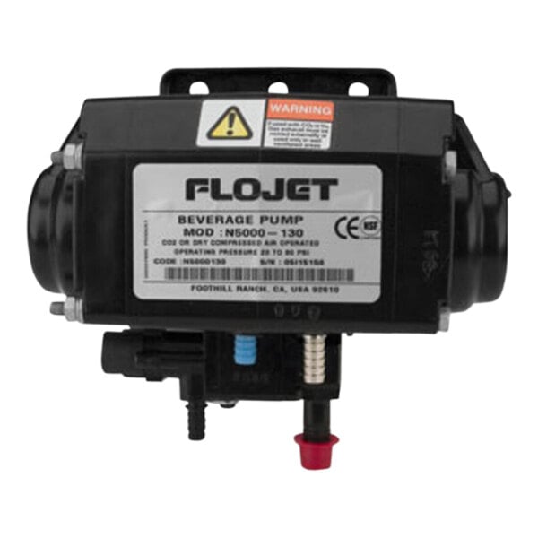 A black Micro Matic Flojet beverage pump with a white label with black text.