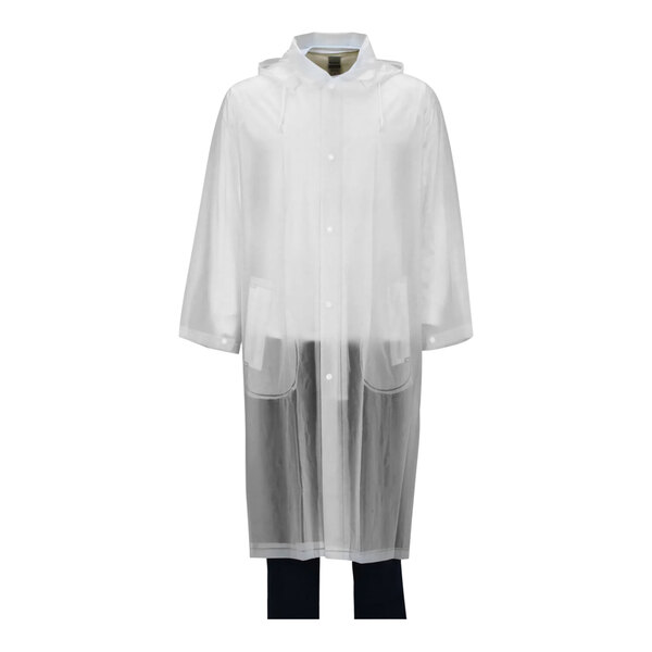 A white Tingley Tuff-Enuff rain coat with a transparent hood.