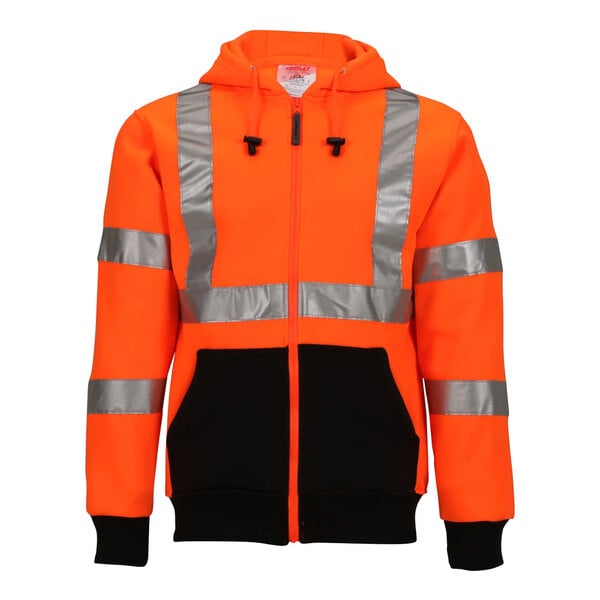 An orange Tingley Job Sight zip-up sweatshirt with black accents and reflective stripes.