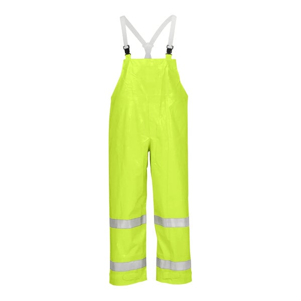 A pair of yellow Tingley Comfort-Brite overalls with reflective stripes.