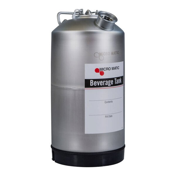 A close-up of a Micro Matic stainless steel beverage tank with a white label.