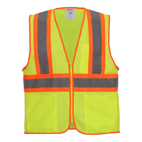 A Tingley Job Sight Type R Class 2 Hi-Vis Lime Safety Vest with reflective stripes and tape.