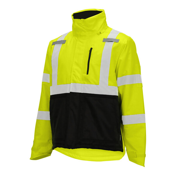 A yellow and black Tingley safety jacket with white stripes.