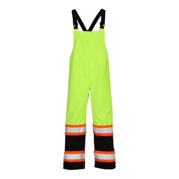 Yellow Tingley overalls with black cuffs and straps and reflective stripes.