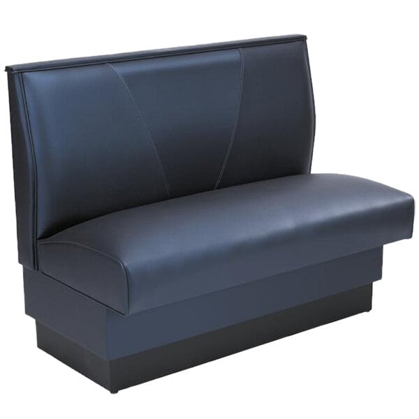 An American Tables & Seating black leather booth with a V shape back.
