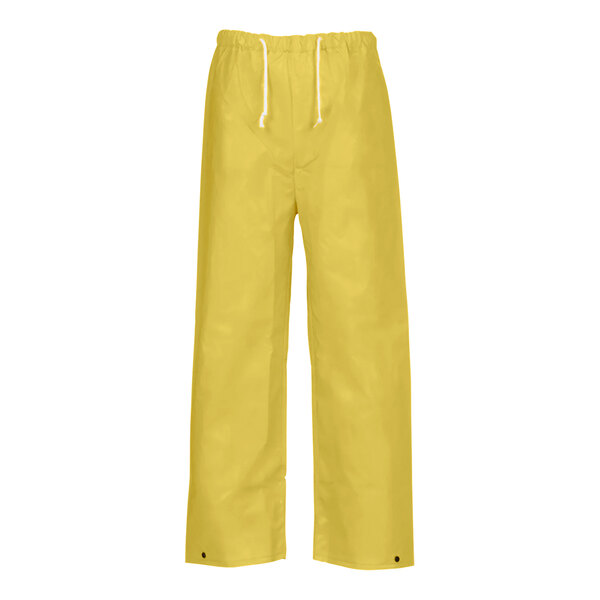 Tingley yellow rain pants with a white drawstring.