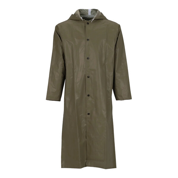 A long olive green Tingley Magnaprene rain coat with black buttons and a hood.