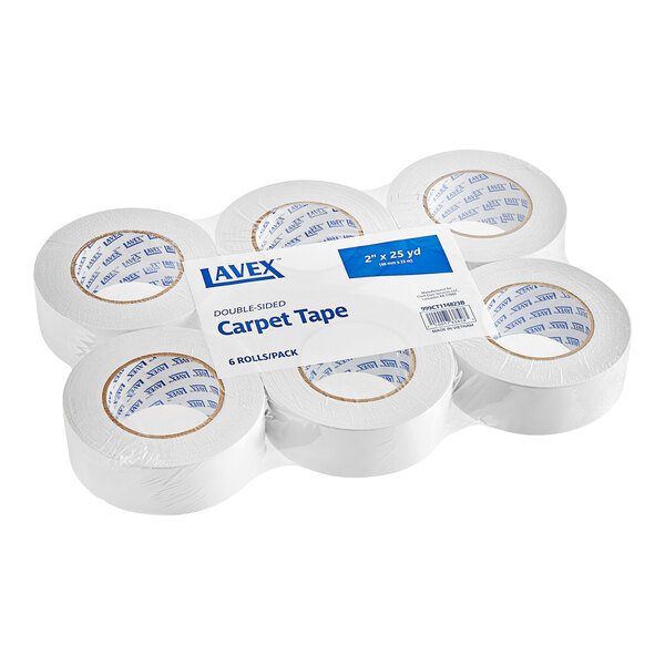A pack of 24 Lavex rolls of double-sided carpet tape with blue text.