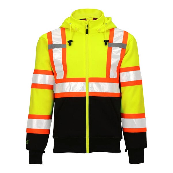 A lime Tingley Job Sight zip-up sweatshirt with reflective stripes.