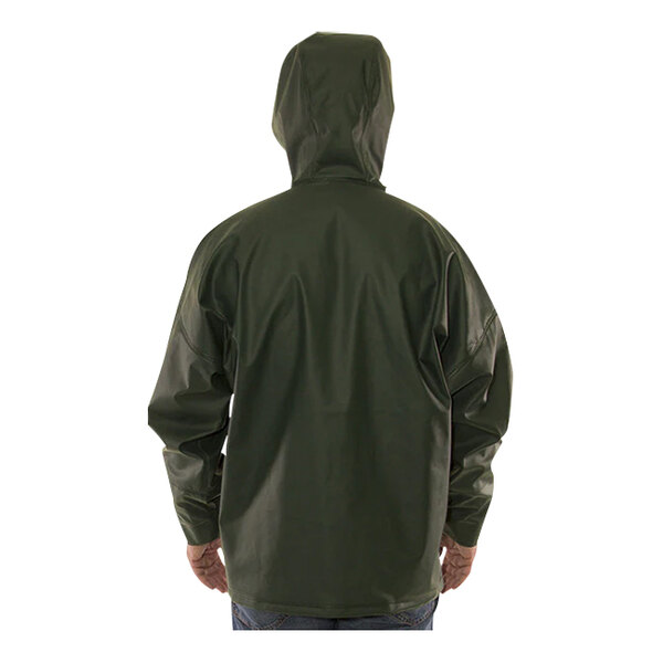 A man wearing a green Tingley Weather-Tuff rain jacket.