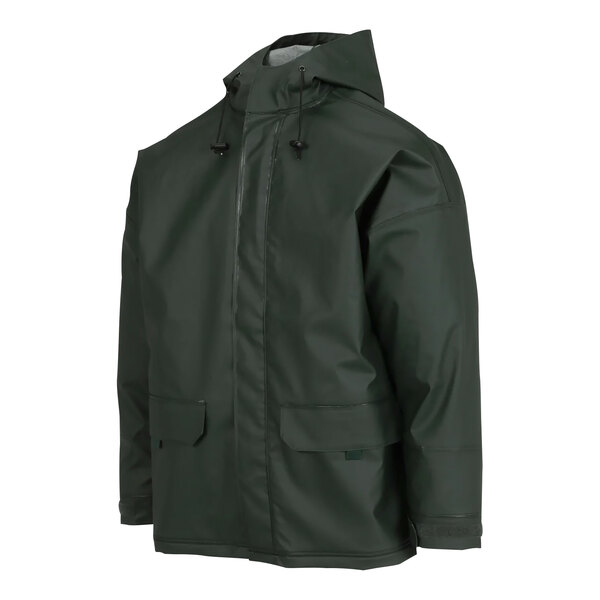 A dark green Tingley Weather-Tuff rain jacket with a hood.