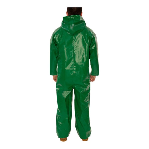 A man wearing Tingley green SafetyFlex coveralls with a hood.