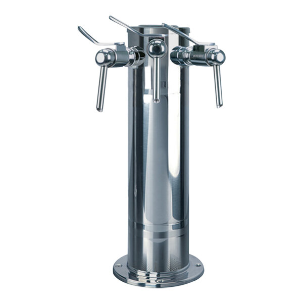 A polished stainless steel cylinder with three metal taps.