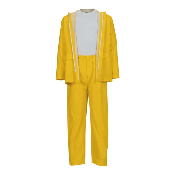 A yellow Tingley rainsuit with white trim on the jacket and pants.