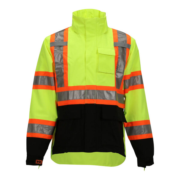 A Tingley lime and black jacket with reflective stripes and tape.