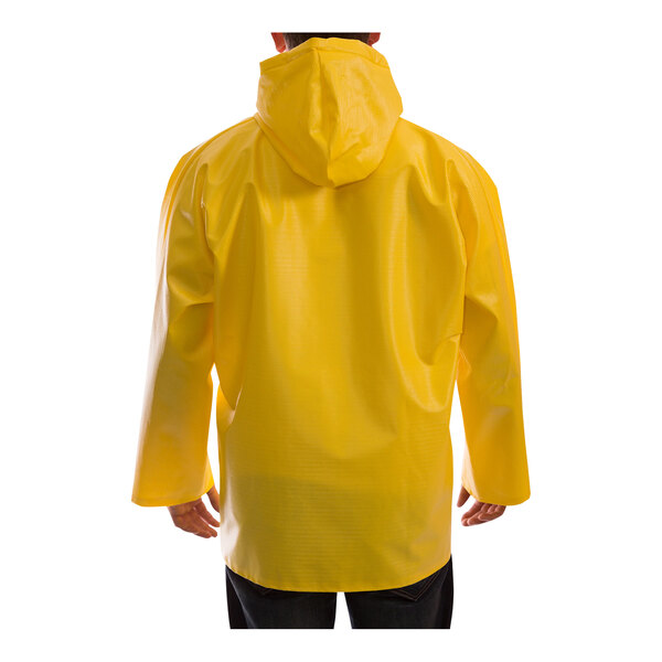 A person wearing a Tingley yellow Webdri rain jacket.