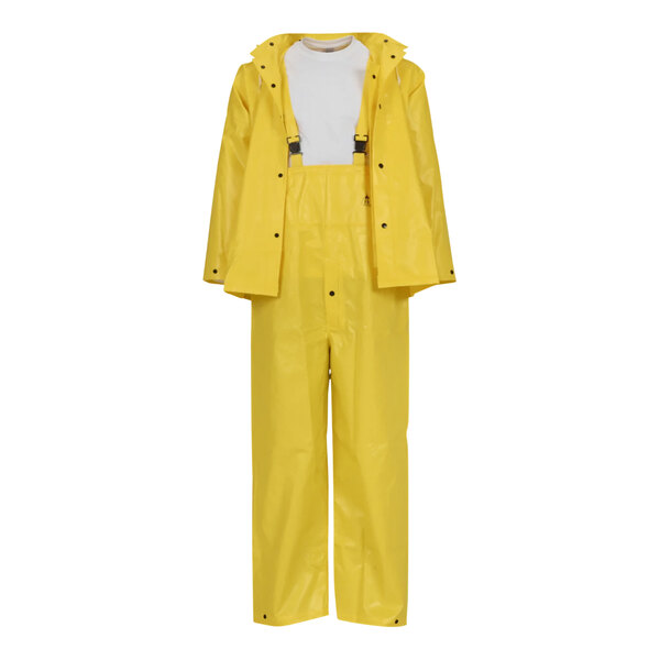 A yellow Tingley DuraScrim rain suit with a hood and pants.