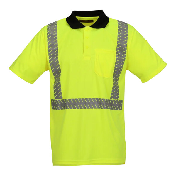 A yellow Tingley Job Sight polo safety shirt with grey reflective stripes.