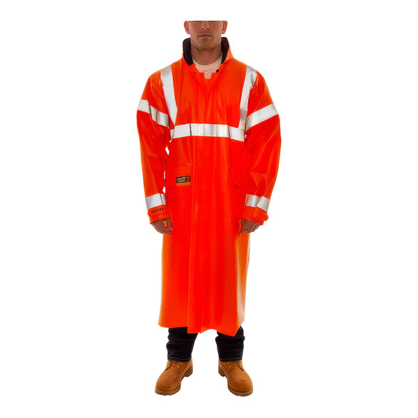 A person wearing a Tingley orange and white raincoat with reflective stripes.