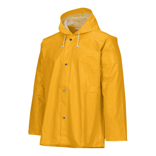 A yellow Tingley industrial rain jacket with a hood and white strings.