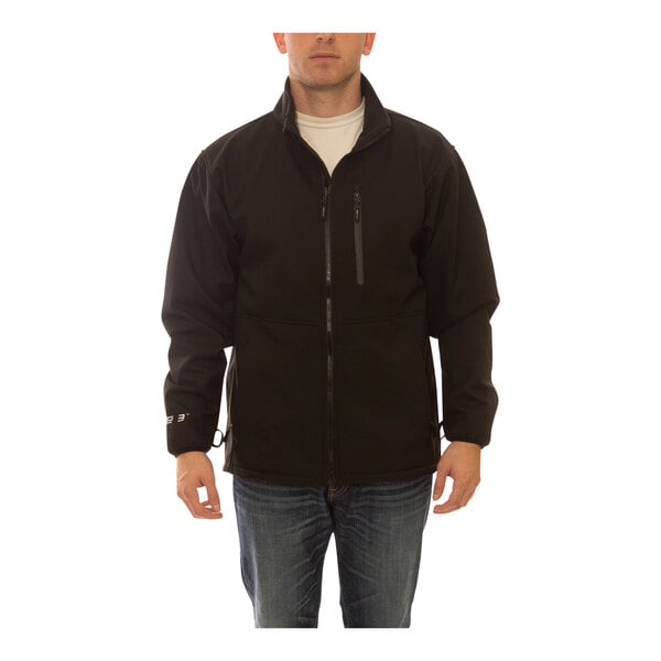 A man wearing a black Tingley Phase 3 soft shell jacket.